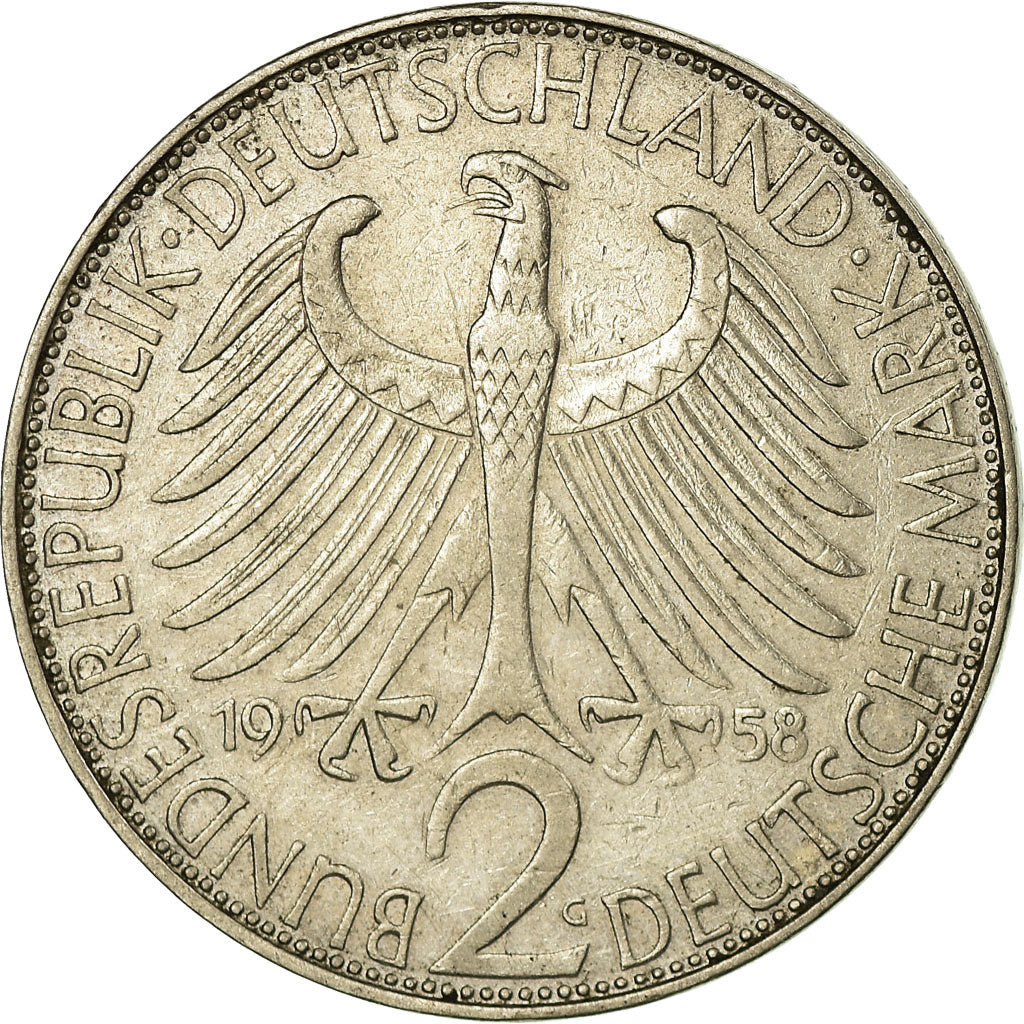 Moneta, Niemcy - RFN, 2 Mark, 1958, Karlsruhe, EF(40-45), Miedź-Nikiel, KM:116