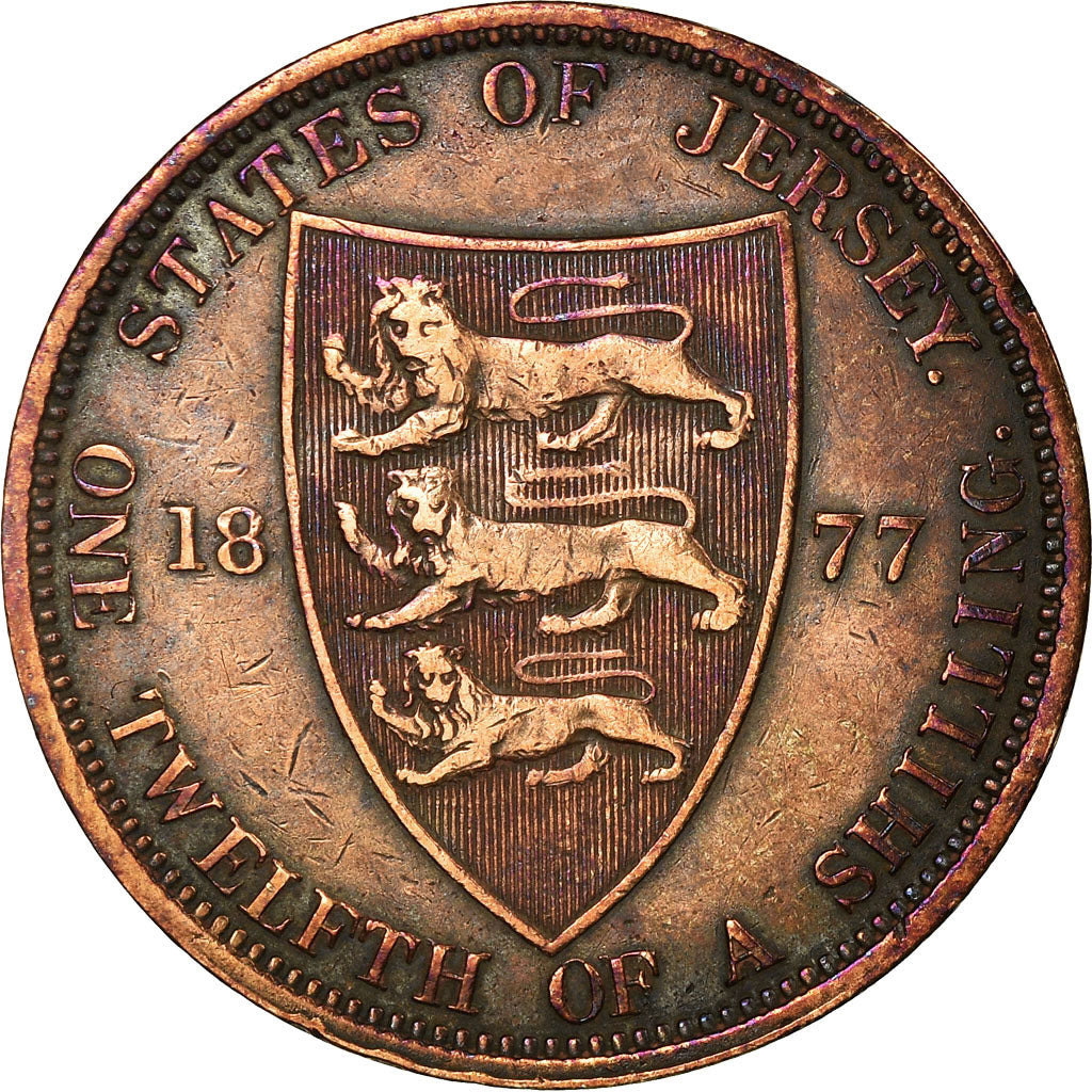 Coin, Jersey, Victoria, 1/12 Shilling, 1877, Heaton, EF(40-45), Bronze, KM:8