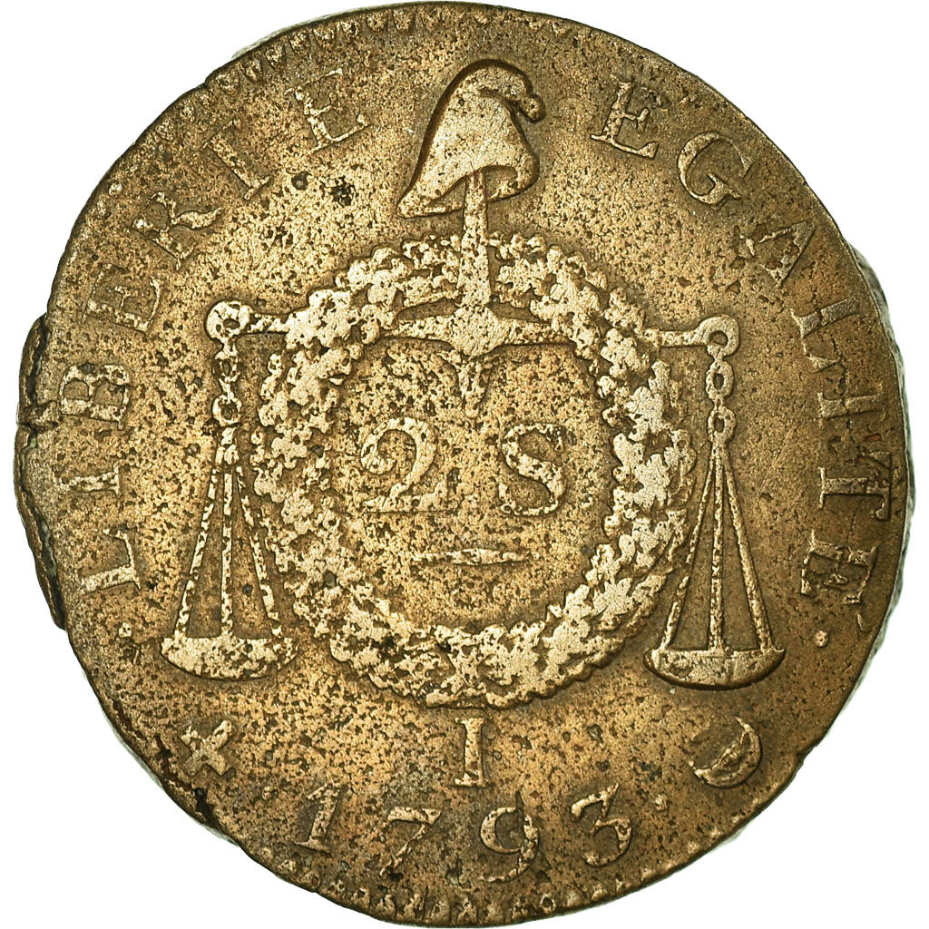 Münze, Frankreich, 2 sols aux balances daté, 1793, Limoges, S, Bronze