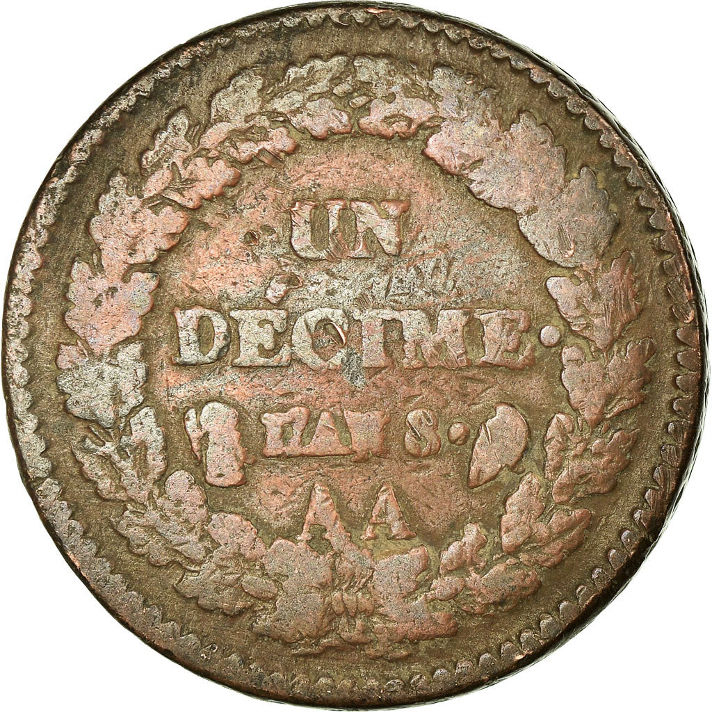 Coin, France, Dupré, Decime, AN 8, Metz, VF(20-25), Bronze, KM:644.2