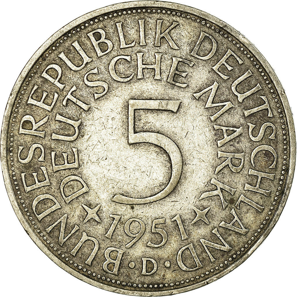 Coin, GERMANY - FEDERAL REPUBLIC, 5 Mark, 1951, Munich,EF(40-45),Silver,KM 112.1