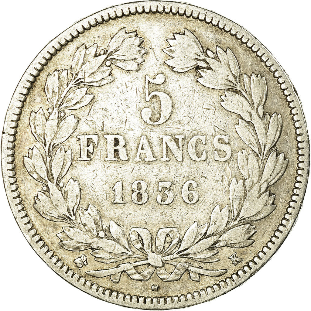 Moneta, Francia, Louis-Philippe, 5 Francs, 1836, Bordeaux, MB+, Argento