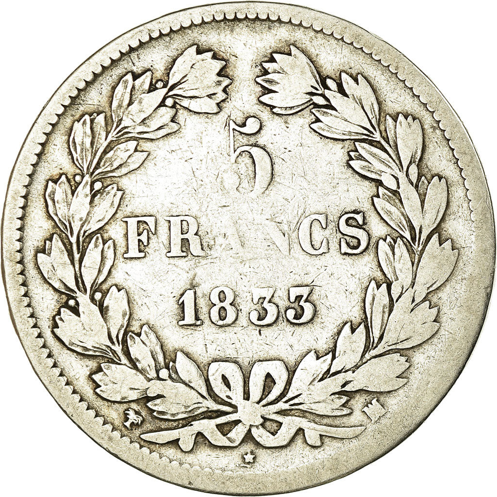 Moneta, Francia, Louis-Philippe, 5 Francs, 1833, Marseille, MB, Argento