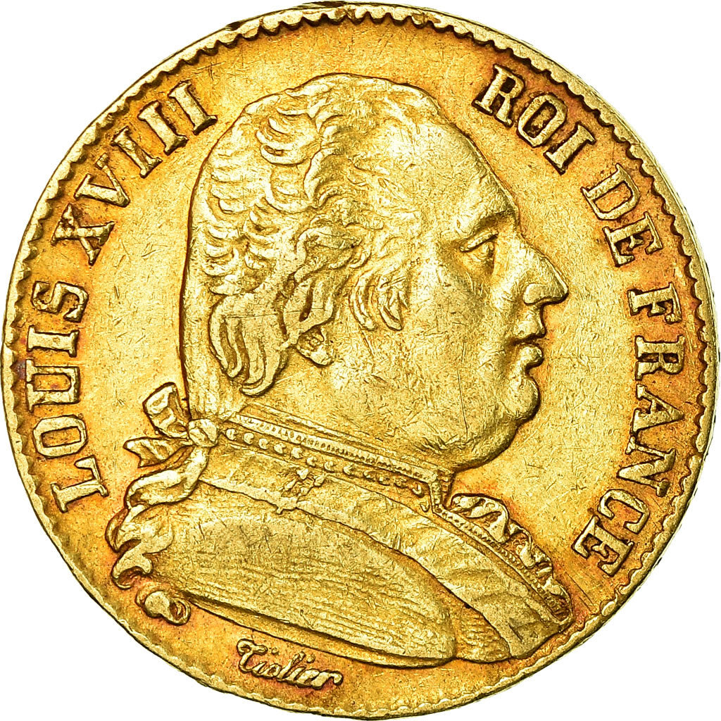 Moneda, Francia, Louis XVIII, 20 Francs, 1814, Paris, BC+, Oro