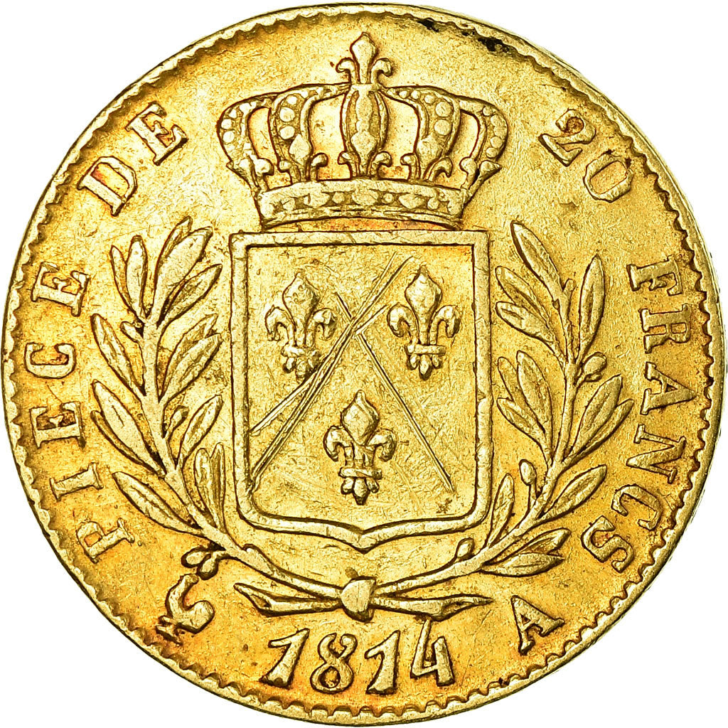Moneda, Francia, Louis XVIII, 20 Francs, 1814, Paris, BC+, Oro
