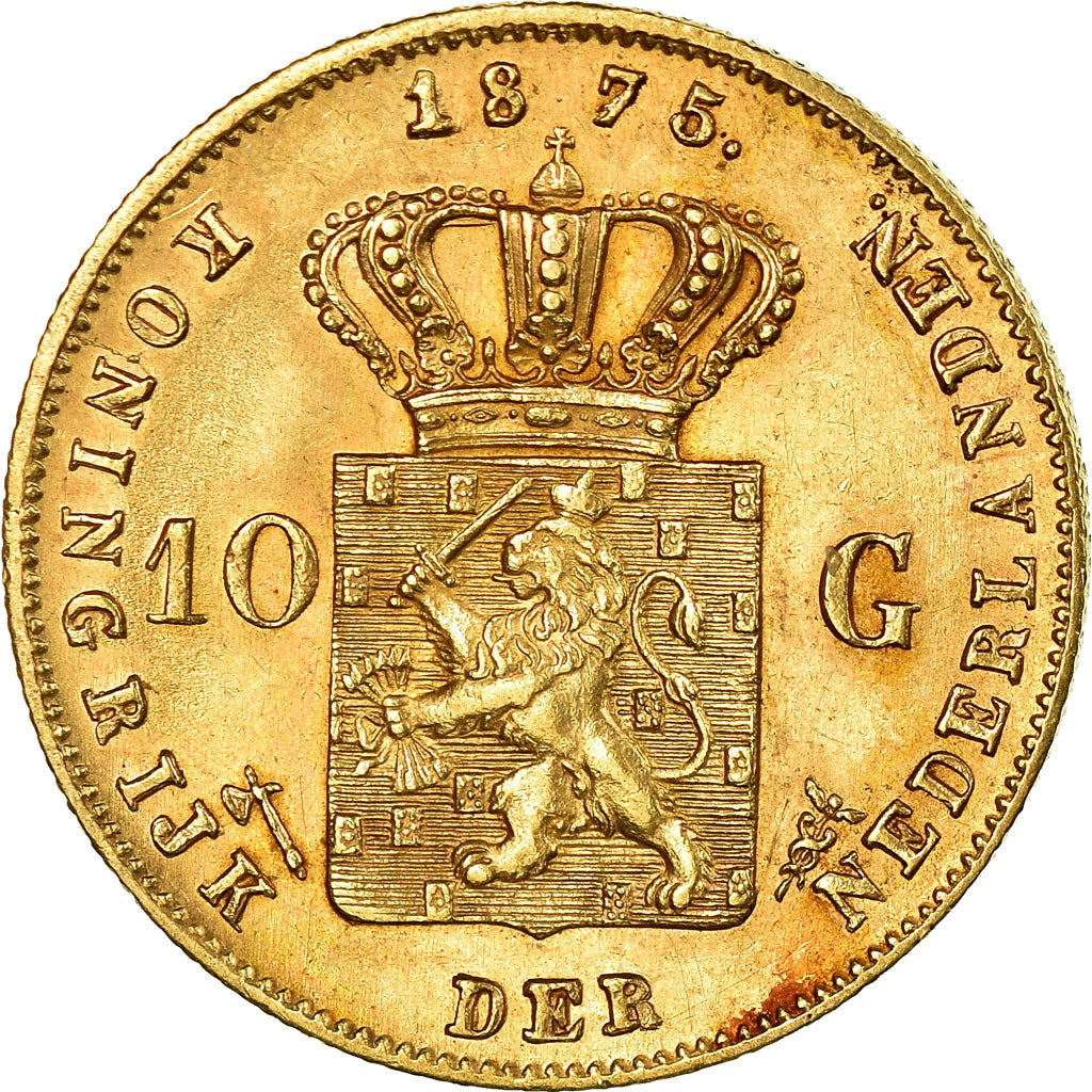 Coin, Netherlands, William III, 10 Gulden, 1875, AU(50-53), Gold, KM:105