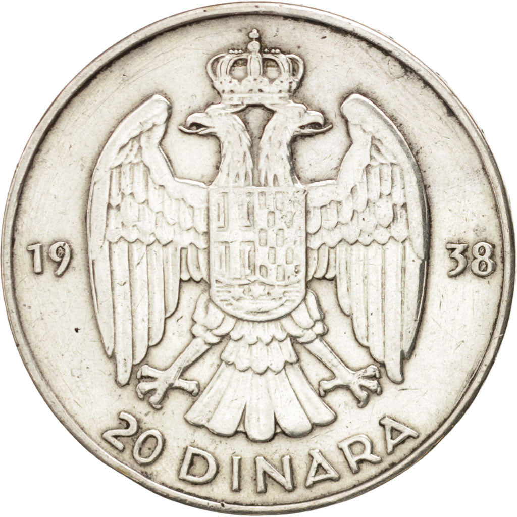 YUGOSLAVIA, 20 Dinara, 1938, KM #23, EF(40-45), Silver, 27, 9.01