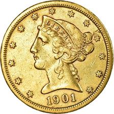 Moneda, Estados Unidos, Coronet Head, $5, 1901, San Francisco, MBC+
