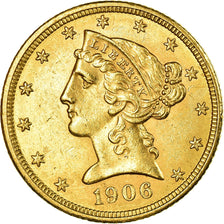 Moneta, USA, Coronet Head, $5, 1906, Philadelphia, AU(50-53), Gold