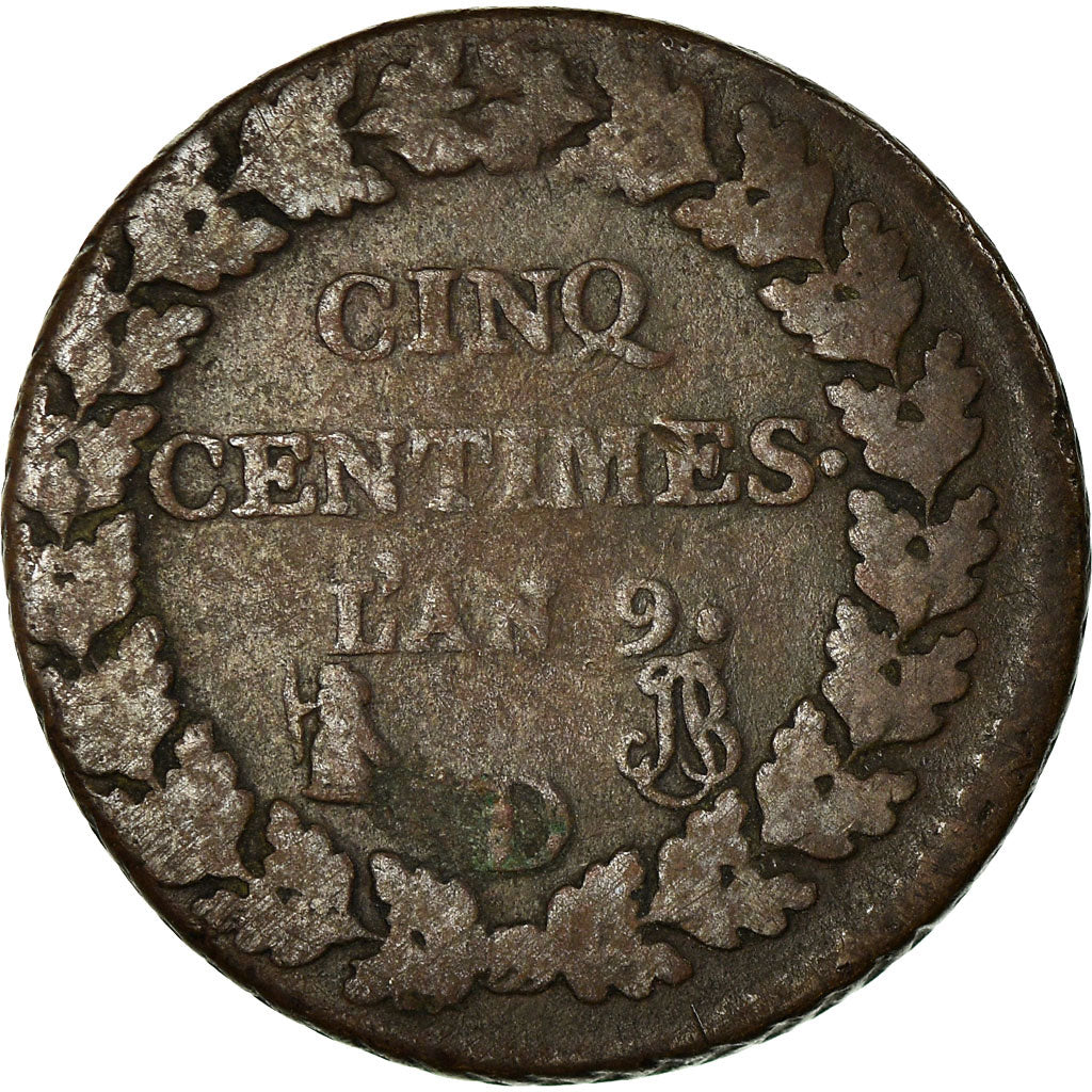 Moeda, França, Dupré, 5 Centimes, AN 9, Lyon, F(12-15), Bronze, KM:640.5