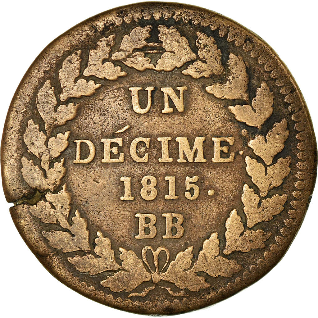 Münze, Frankreich, Louis XVIII, Decime, 1815, Strasbourg, S+, Bronze, KM:701