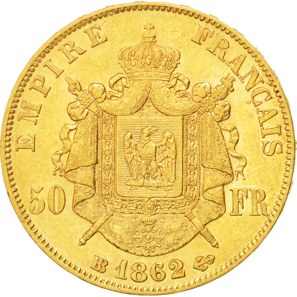 FRANCE, Napoléon III, 50 Francs, 1862, Strasbourg, KM #804.2, AU(50-53), Gold, G