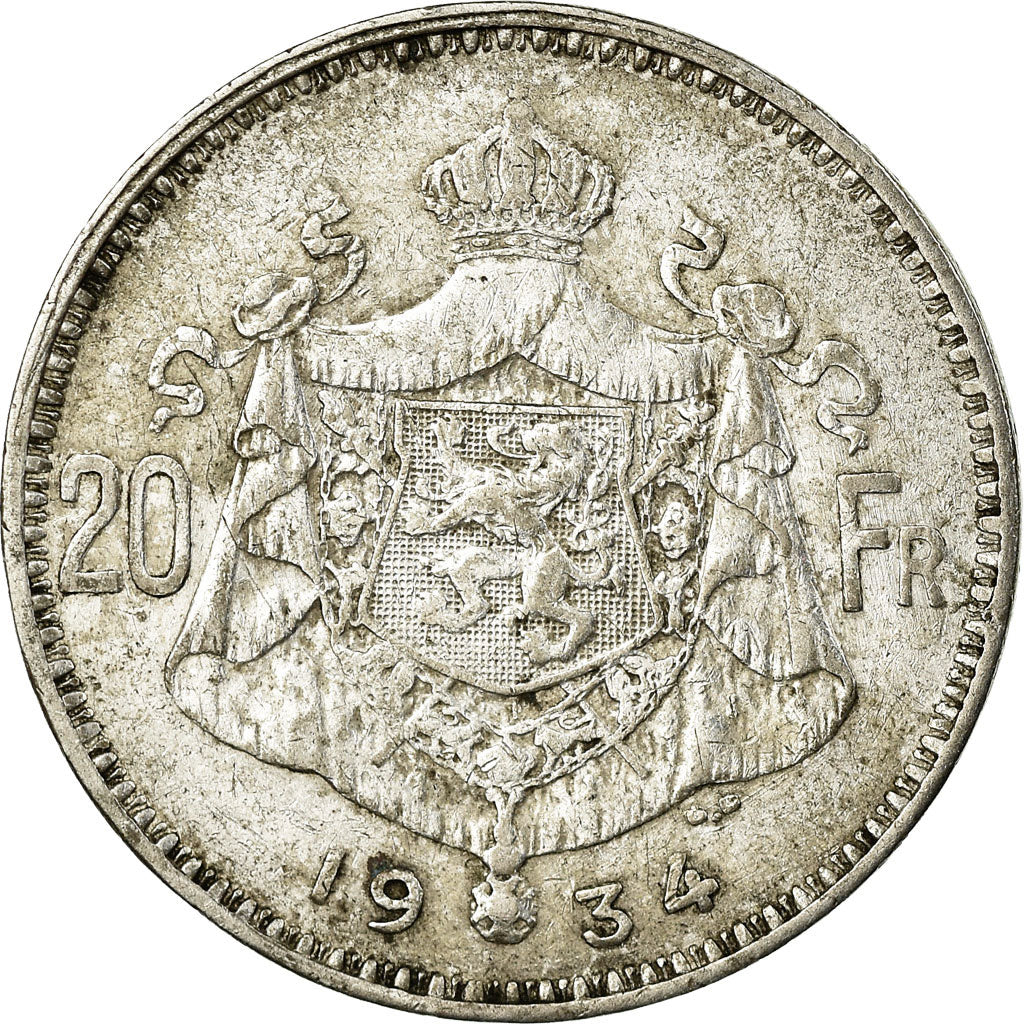 Coin, Belgium, 20 Francs, 20 Frank, 1934, EF(40-45), Silver, KM:103.1