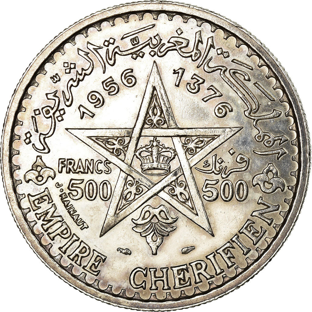 Coin, Morocco, Mohammed V, 500 Francs, 1956/AH1376, Paris, AU(55-58), Silver