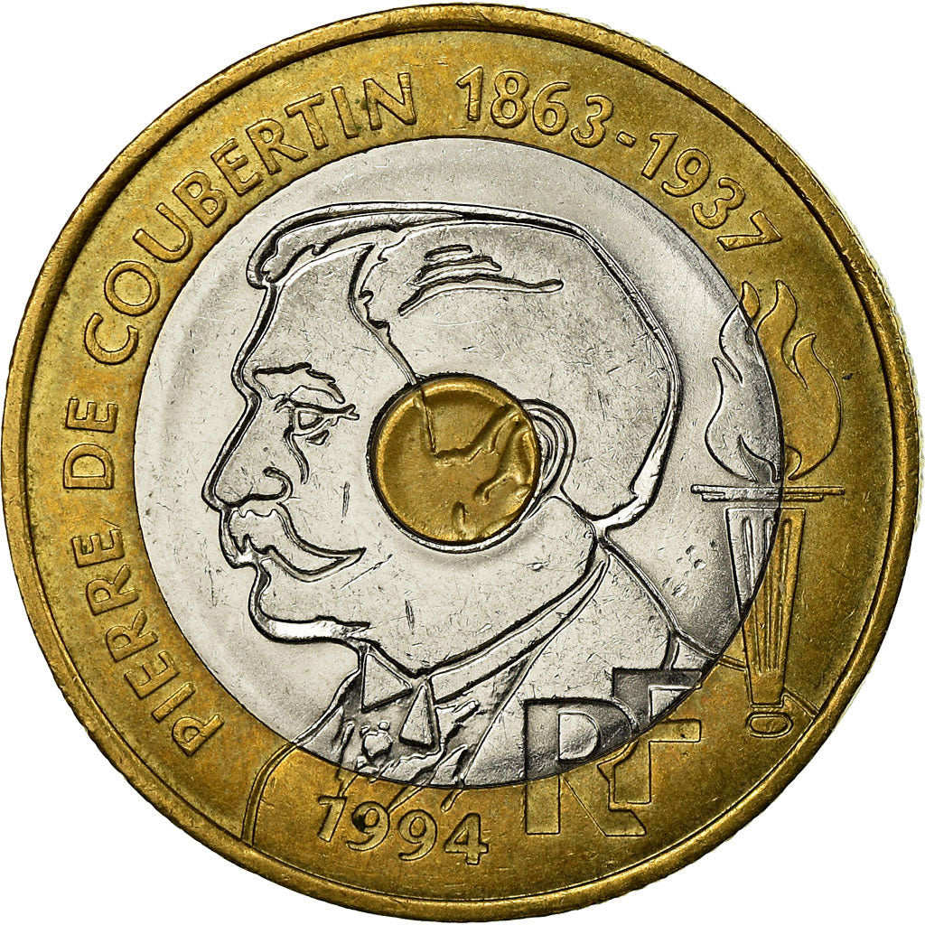Coin, France, Pierre de Coubertin, 20 Francs, 1994, AU(50-53), Tri-Metallic