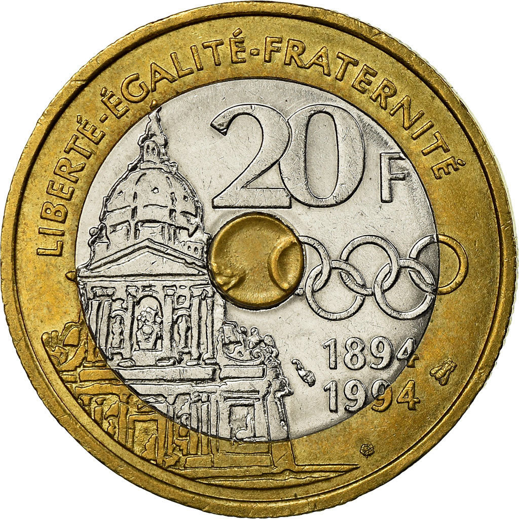 Coin, France, Pierre de Coubertin, 20 Francs, 1994, AU(50-53), Tri-Metallic
