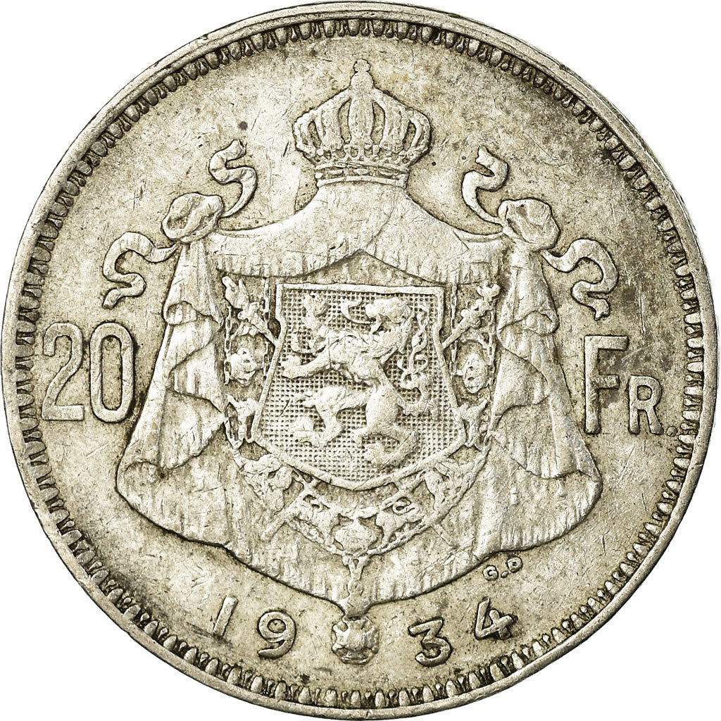 Coin, Belgium, 20 Francs, 20 Frank, 1934, EF(40-45), Silver, KM:103.1