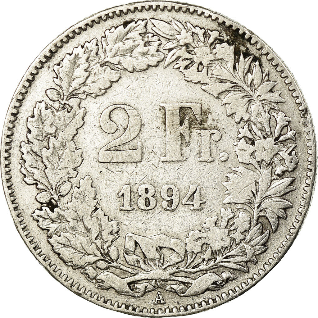 Coin, Switzerland, 2 Francs, 1894, Bern, VF(20-25), Silver, KM:21