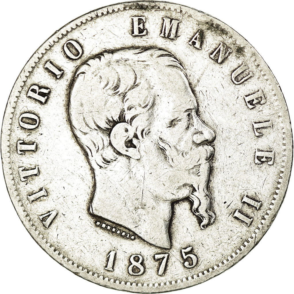 Coin, Italy, Vittorio Emanuele II, 5 Lire, 1875, Milan, VF(30-35), Silver,KM 8.3