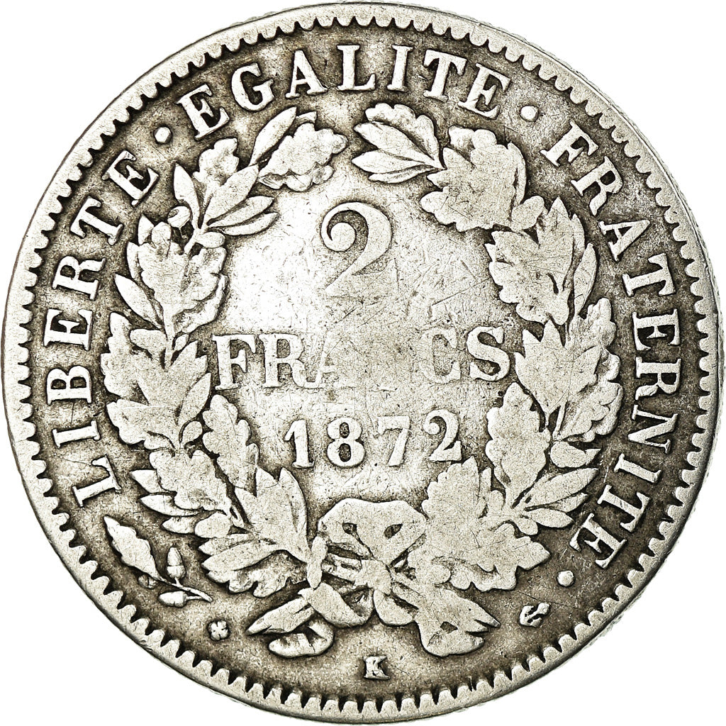 Coin, France, Cérès, 2 Francs, 1872, Bordeaux, VF(30-35), Silver, KM:817.2