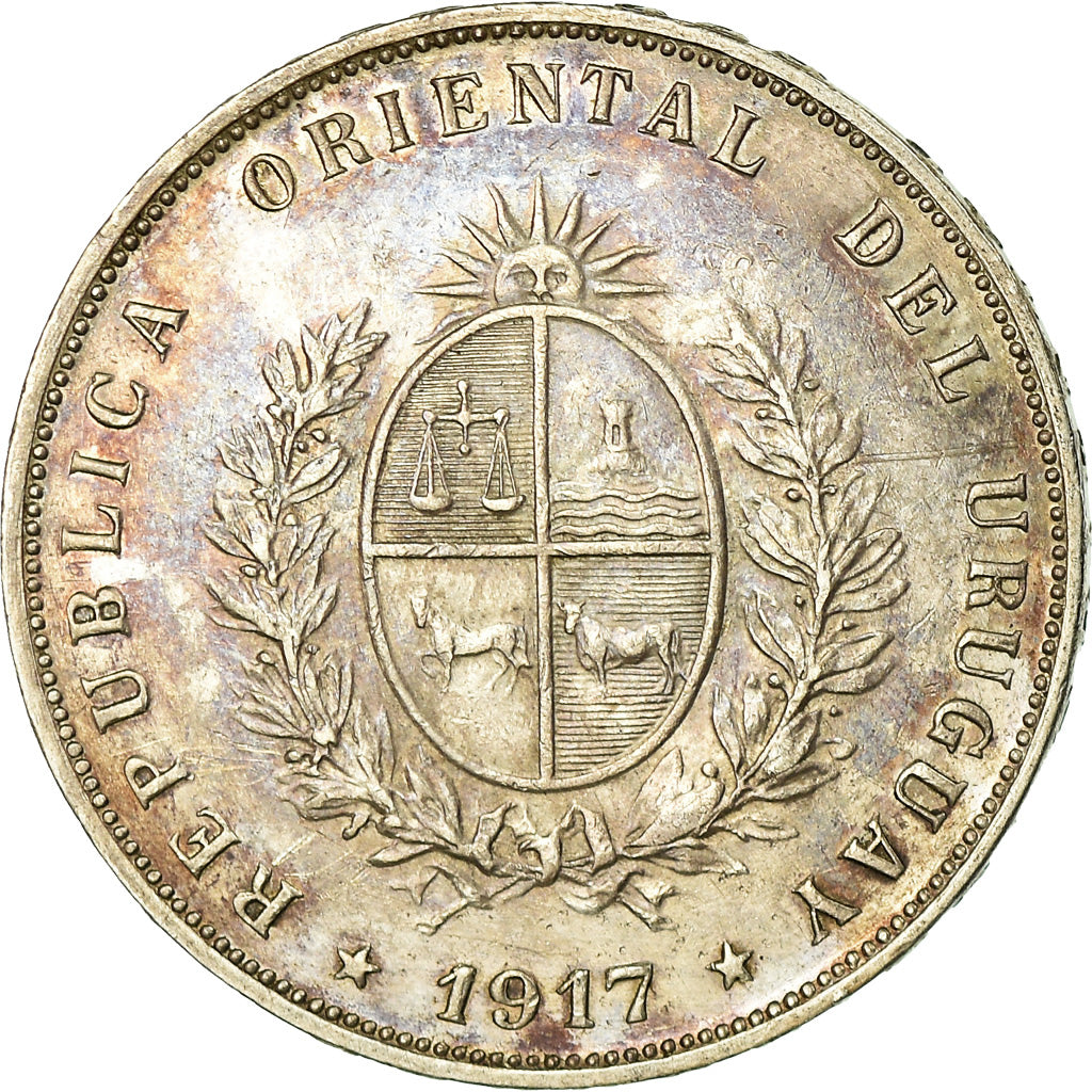Coin, Uruguay, 50 Centesimos, 1917, AU(50-53), Silver, KM:22