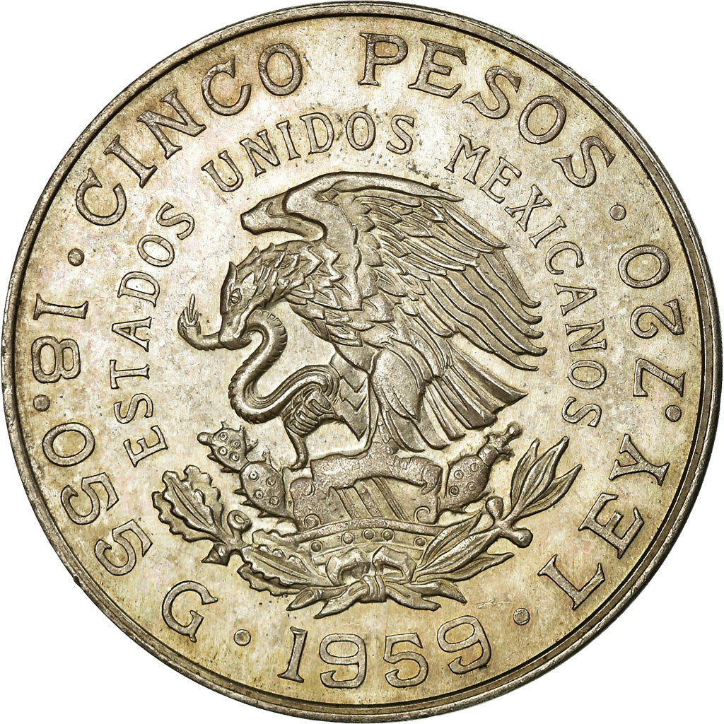 Coin, Mexico, 5 Pesos, 1959, Mexico City, AU(50-53), Silver, KM:471