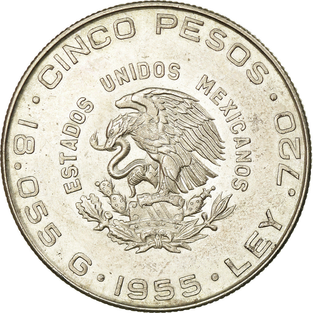 Coin, Mexico, 5 Pesos, 1955, Mexico City, AU(50-53), Silver, KM:469