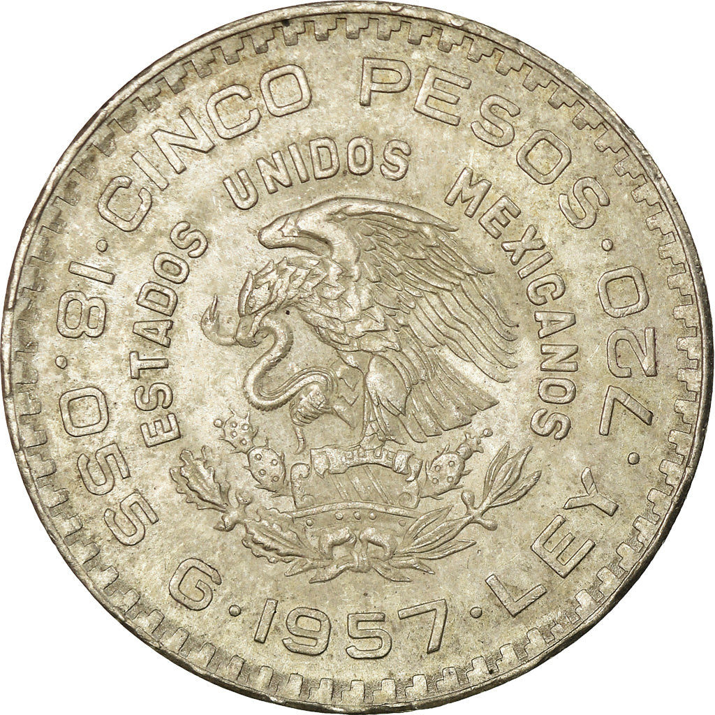 Coin, Mexico, 5 Pesos, 1957, Mexico City, AU(50-53), Silver, KM:470