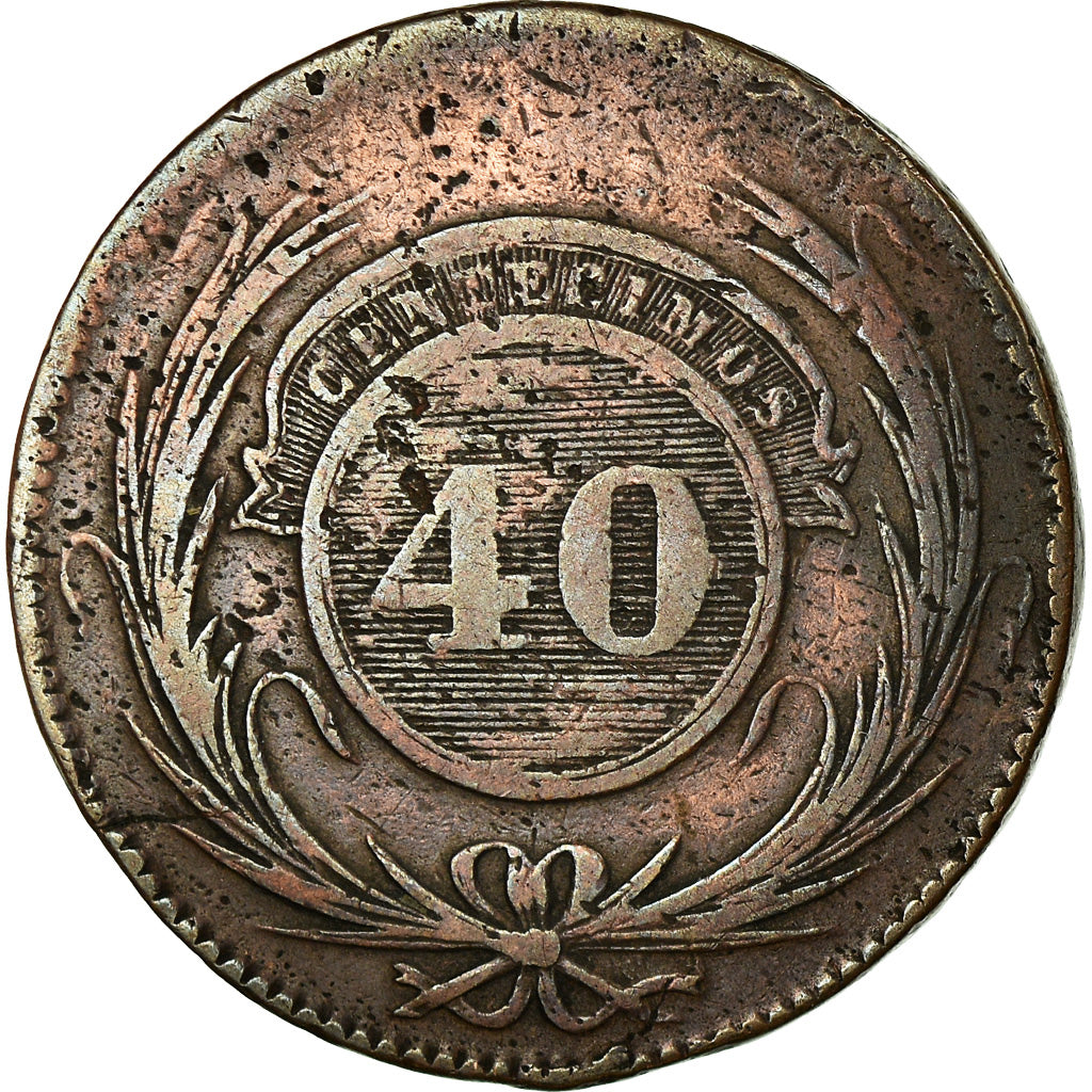 Coin, Uruguay, 40 Centesimos, 1844, VF(30-35), Copper, KM:3