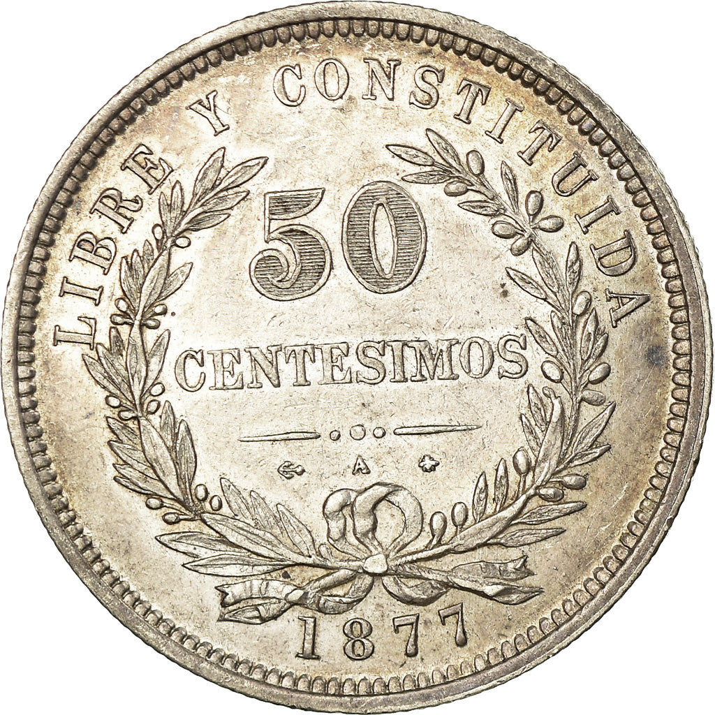 Coin, Uruguay, 50 Centesimos, 1877, Paris, Berlin, Vienna, AU(50-53),KM 28