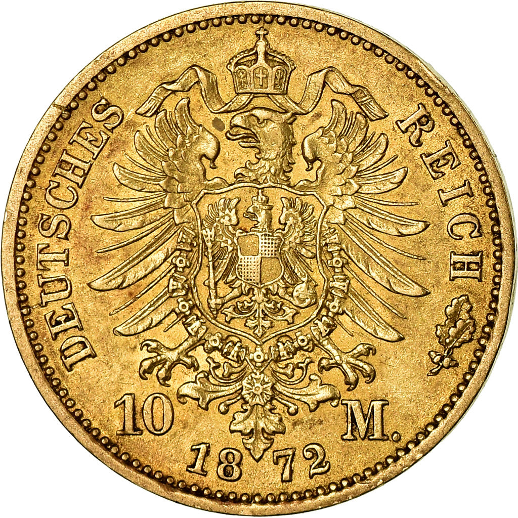 Coin, German States, PRUSSIA, Wilhelm I, 10 Mark, 1872, Cleves, EF(40-45), Gold