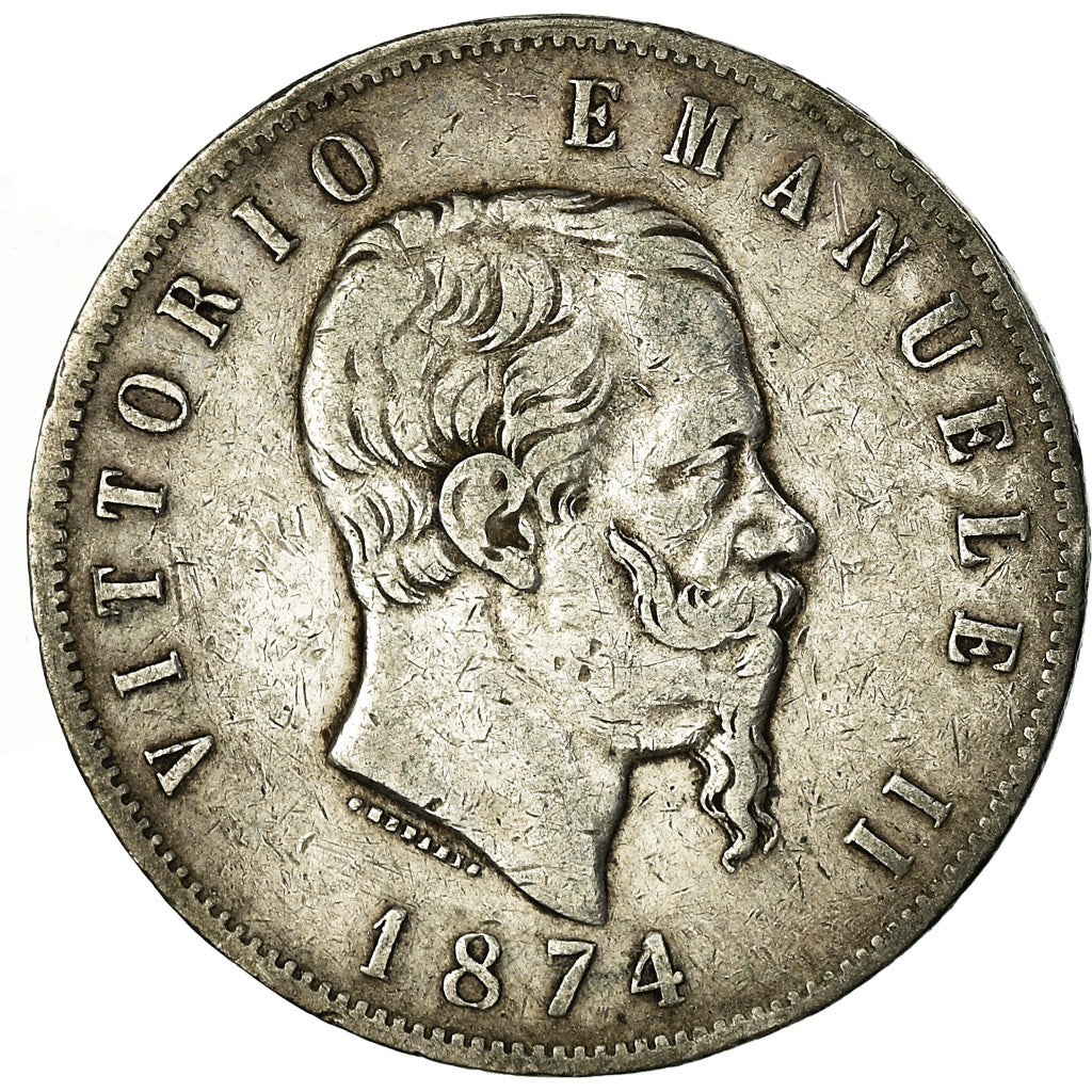 Coin, Italy, Vittorio Emanuele II, 5 Lire, 1874, Milan, EF(40-45), Silver,KM 8.3