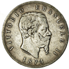 Coin, Italy, Vittorio Emanuele II, 5 Lire, 1874, Milan, EF(40-45), Silver,KM 8.3