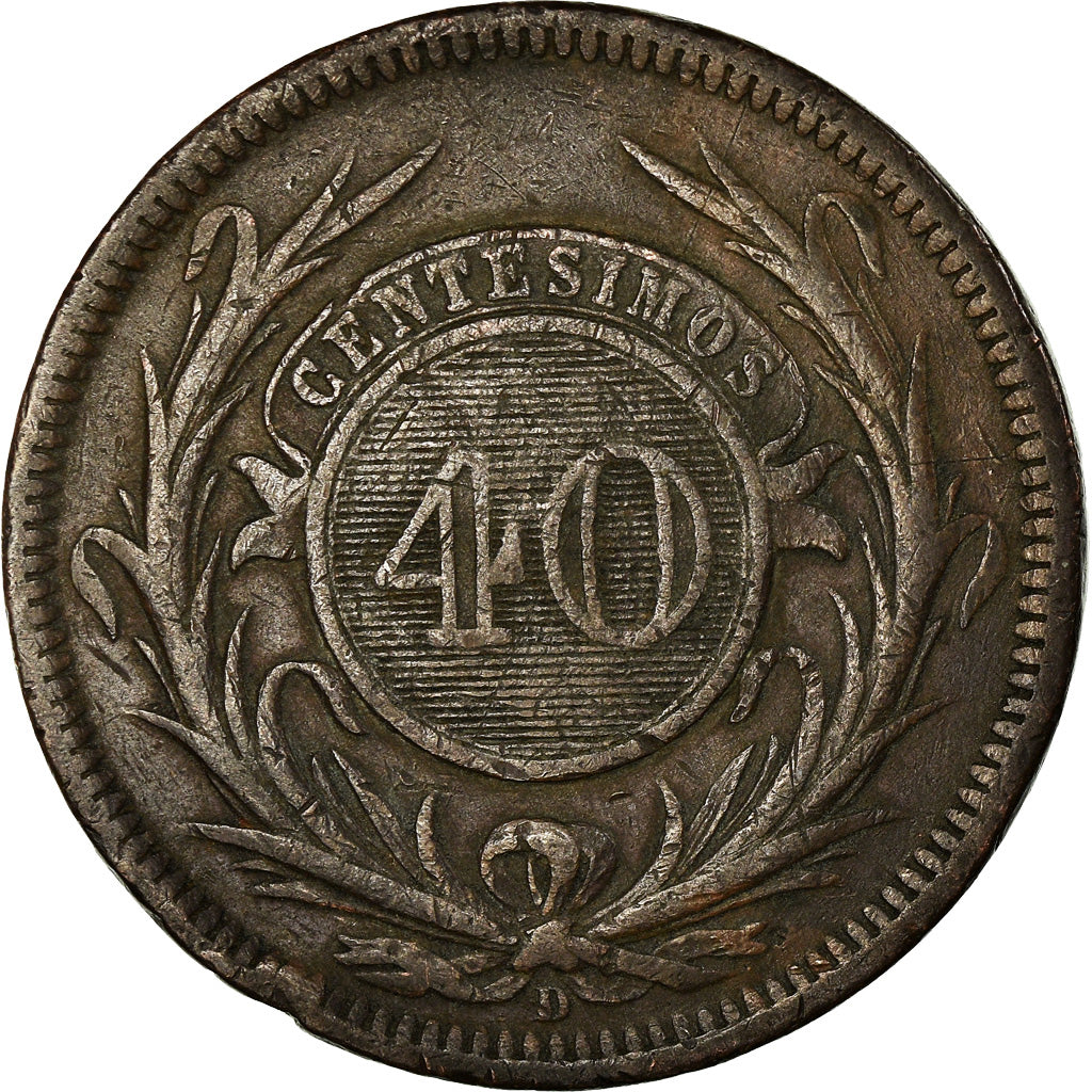Moneta, Uruguay, 40 Centesimos, 1857, Lyon, France, BB, Rame, KM:10