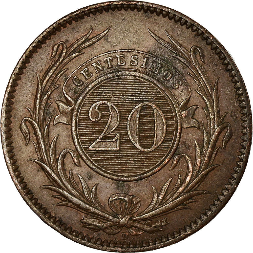 Coin, Uruguay, 20 Centesimos, 1857, Lyon, France, AU(50-53), Copper, KM:9