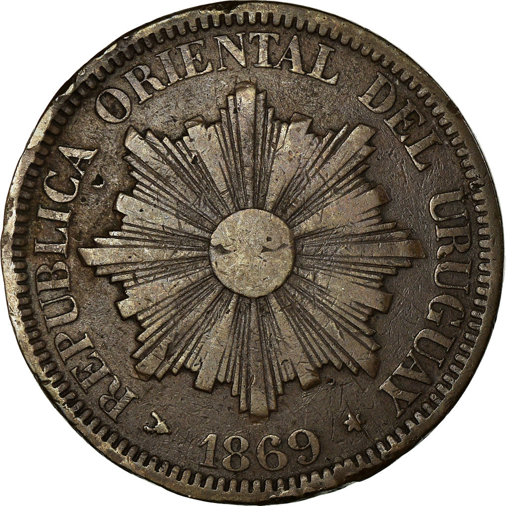 Coin, Uruguay, 4 Centesimos, 1869, Uruguay Mint, Birmingham, VF(30-35), Bronze