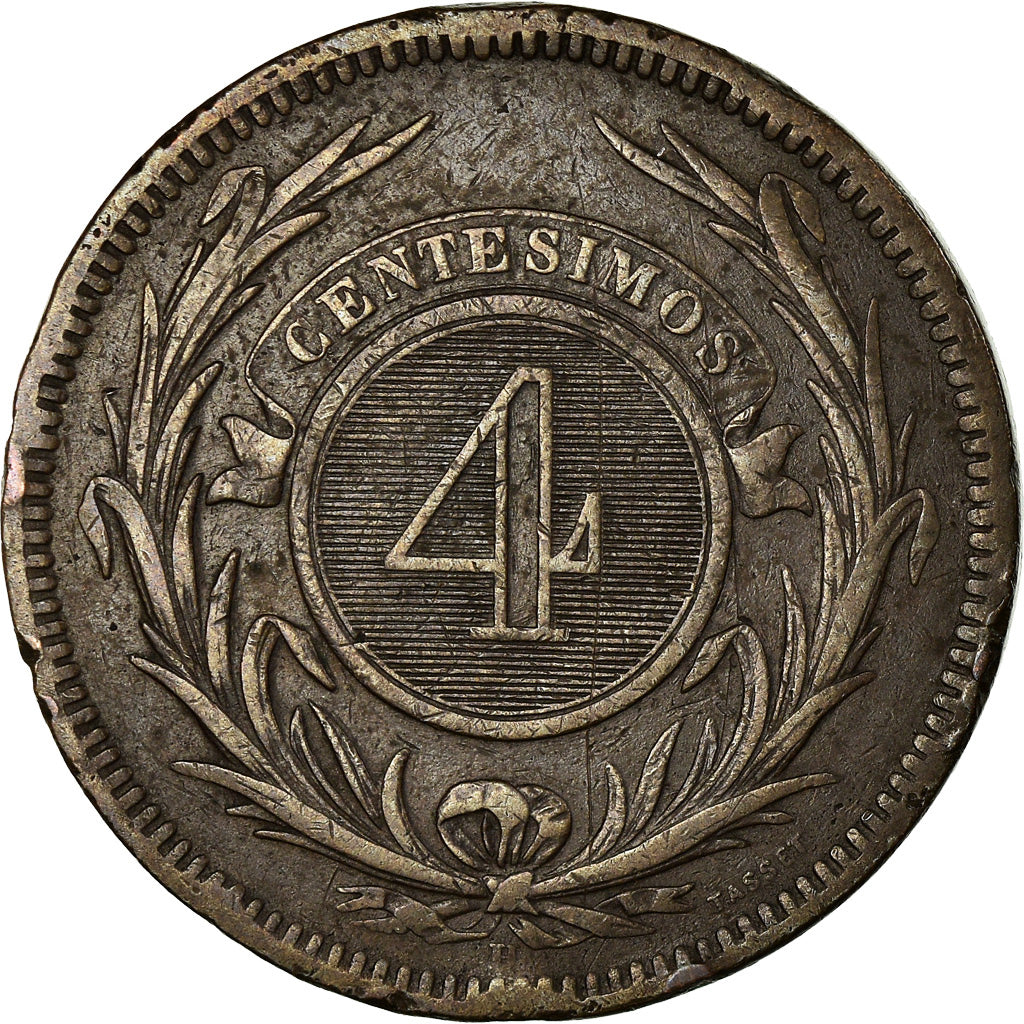 Coin, Uruguay, 4 Centesimos, 1869, Uruguay Mint, Birmingham, VF(30-35), Bronze