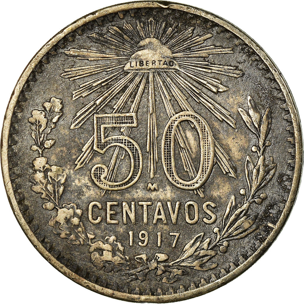 Moneda, México, 50 Centavos, 1917, Mexico City, MBC+, Plata, KM:445