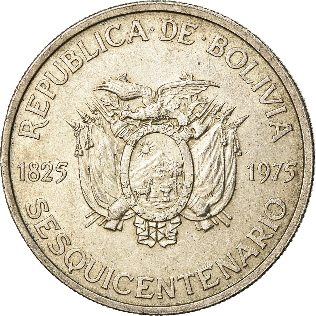 Moneda, Bolivia, 250 Pesos Bolivianos, 1975, MBC+, Plata, KM:195
