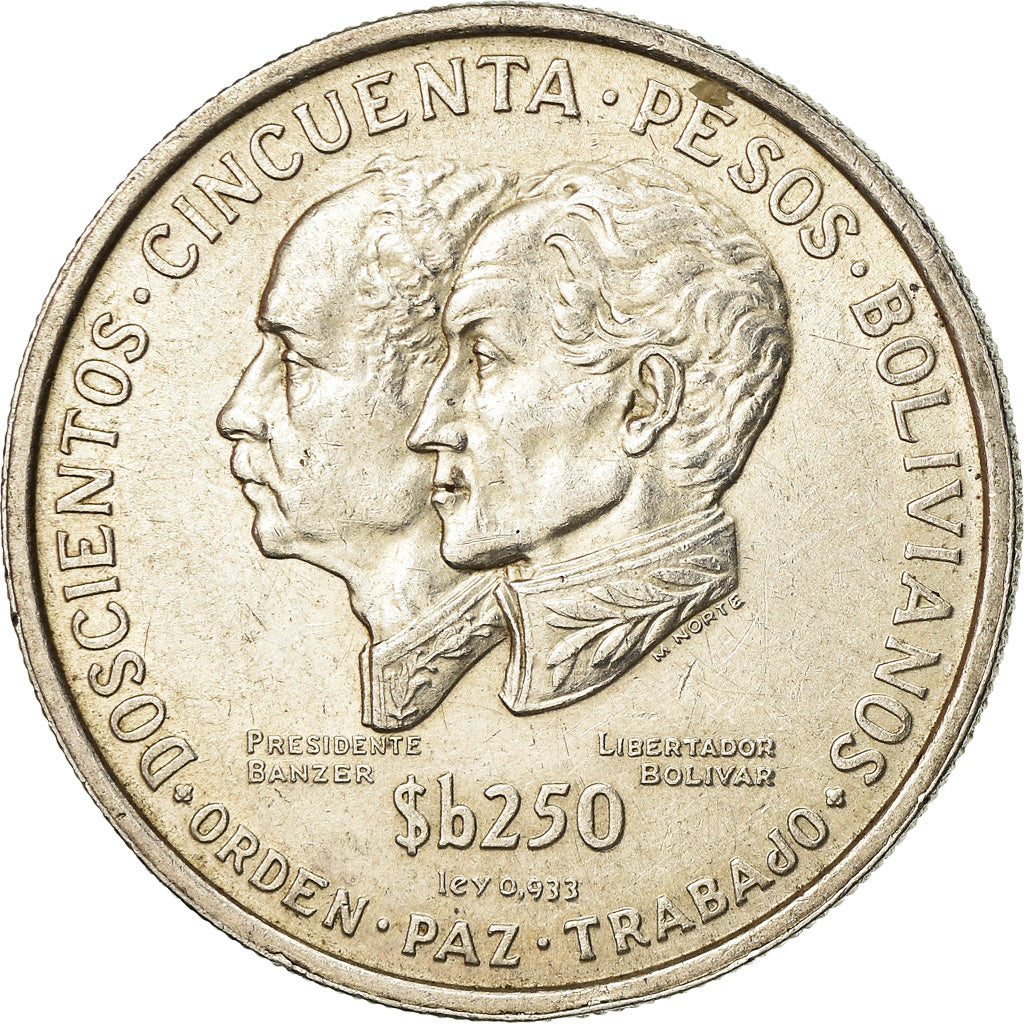 Moneda, Bolivia, 250 Pesos Bolivianos, 1975, MBC+, Plata, KM:195
