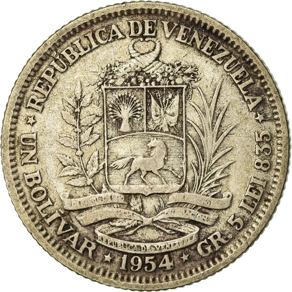 Coin, Venezuela, Bolivar, 1954, Philadelphia, EF(40-45), Silver, KM:37