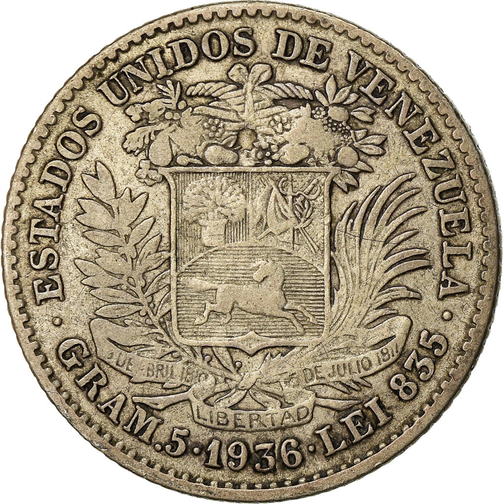 Coin, Venezuela, Gram 5, Bolivar, 1936, EF(40-45), Silver, KM:22