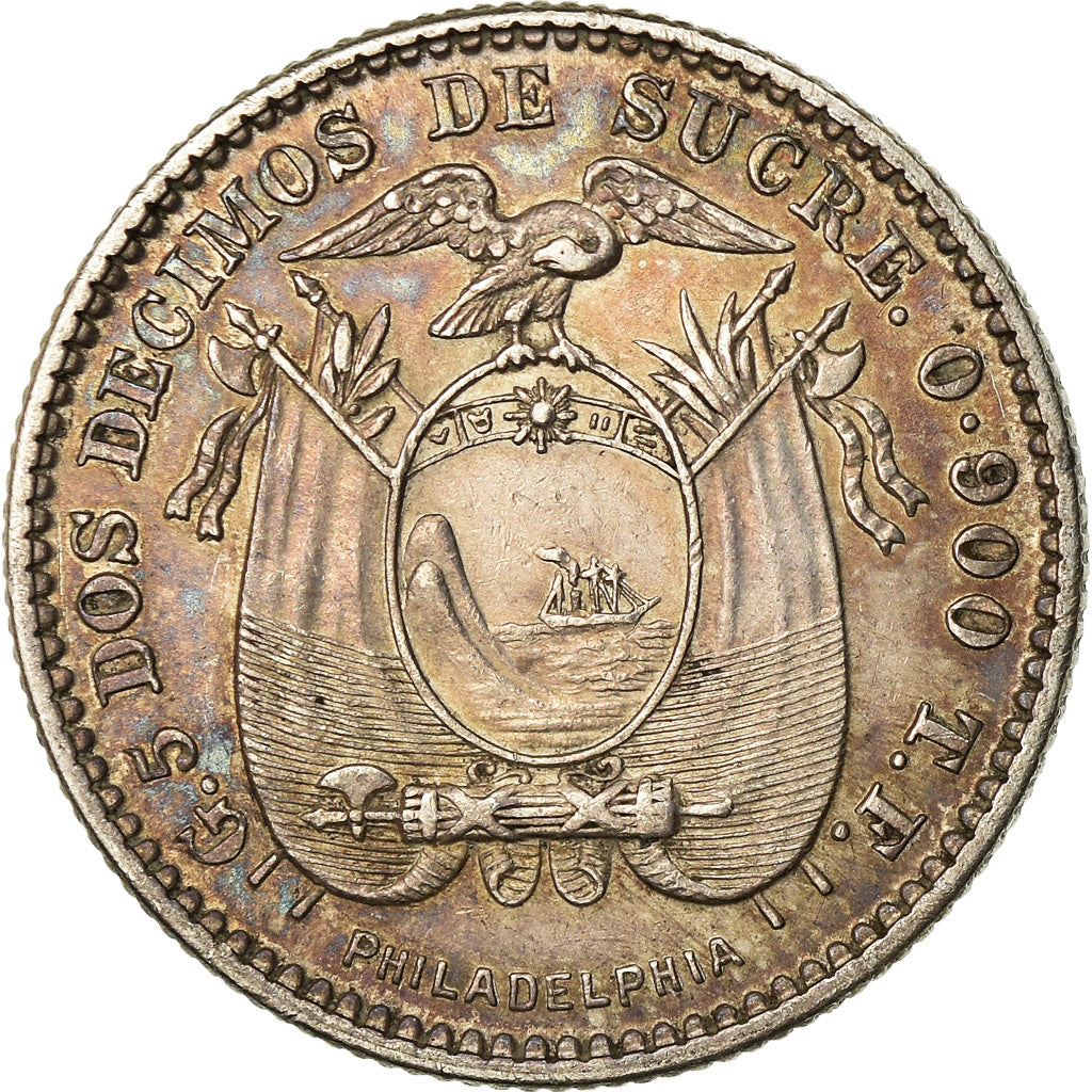 Coin, Ecuador, 2 Decimos, Dos, 1895, Philadelphia, EF(40-45), Silver, KM:51.4