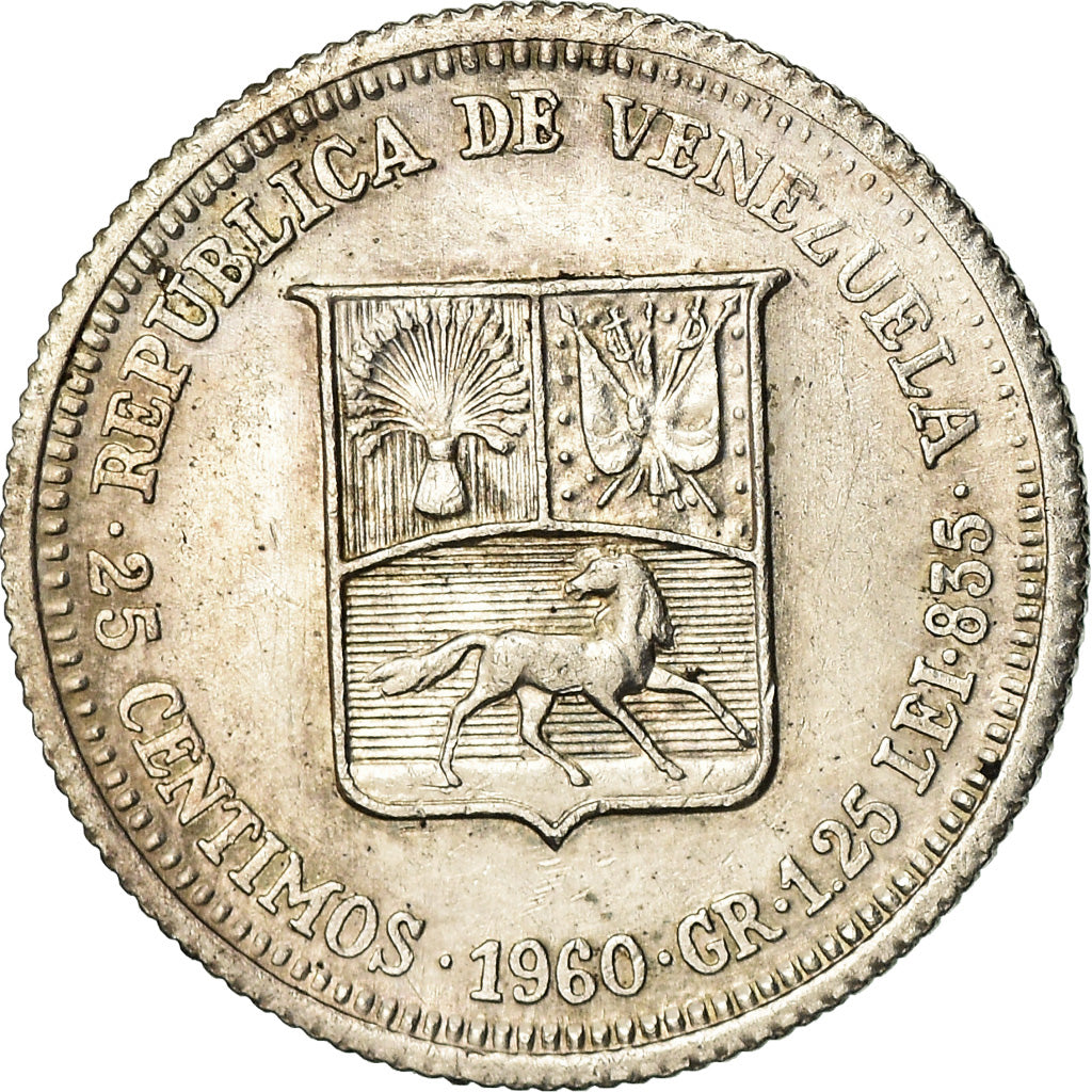 Coin, Venezuela, 25 Centimos, 1960, AU(55-58), Silver, KM:35a