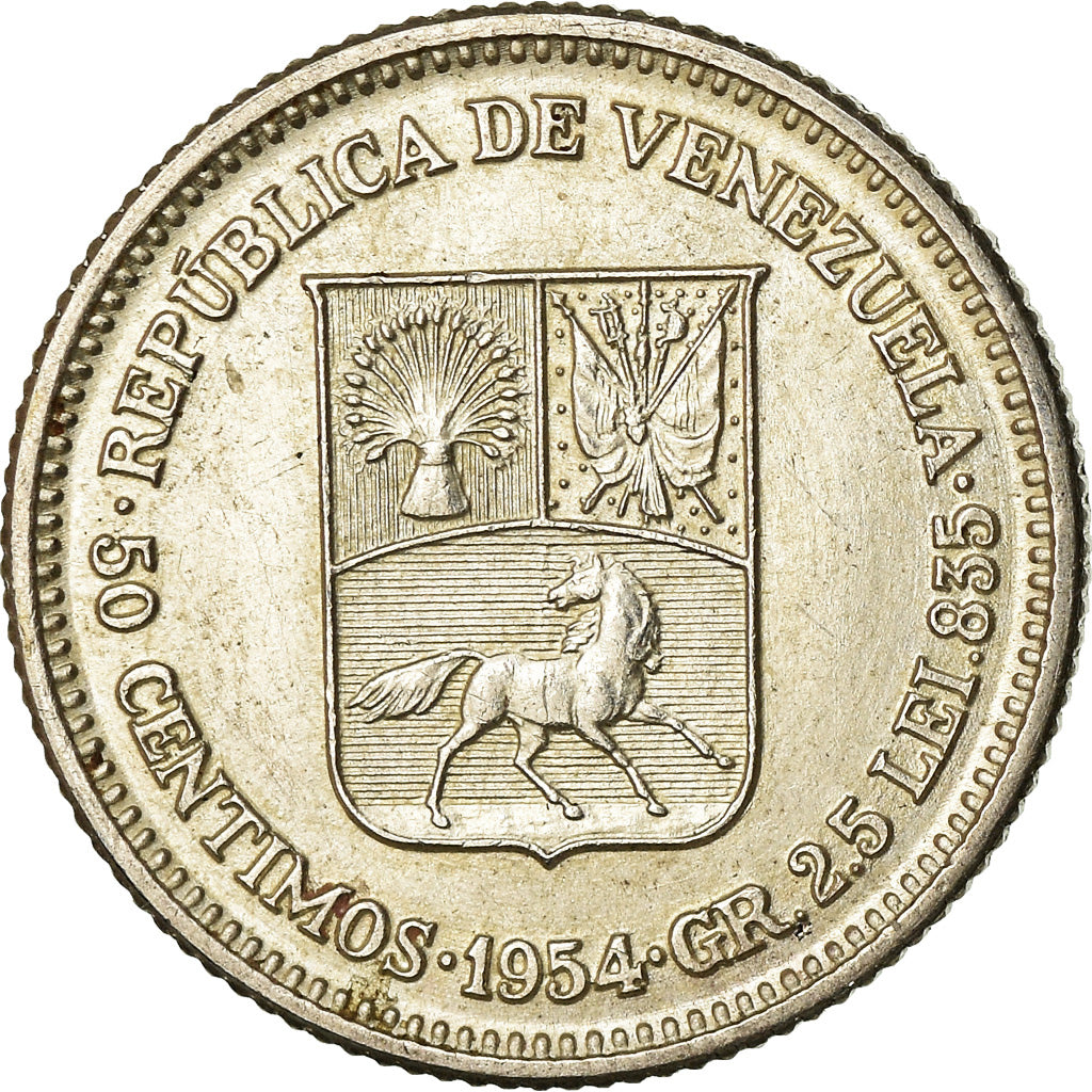 Coin, Venezuela, 50 Centimos, 1954, Philadelphia, AU(55-58), Silver, KM:36