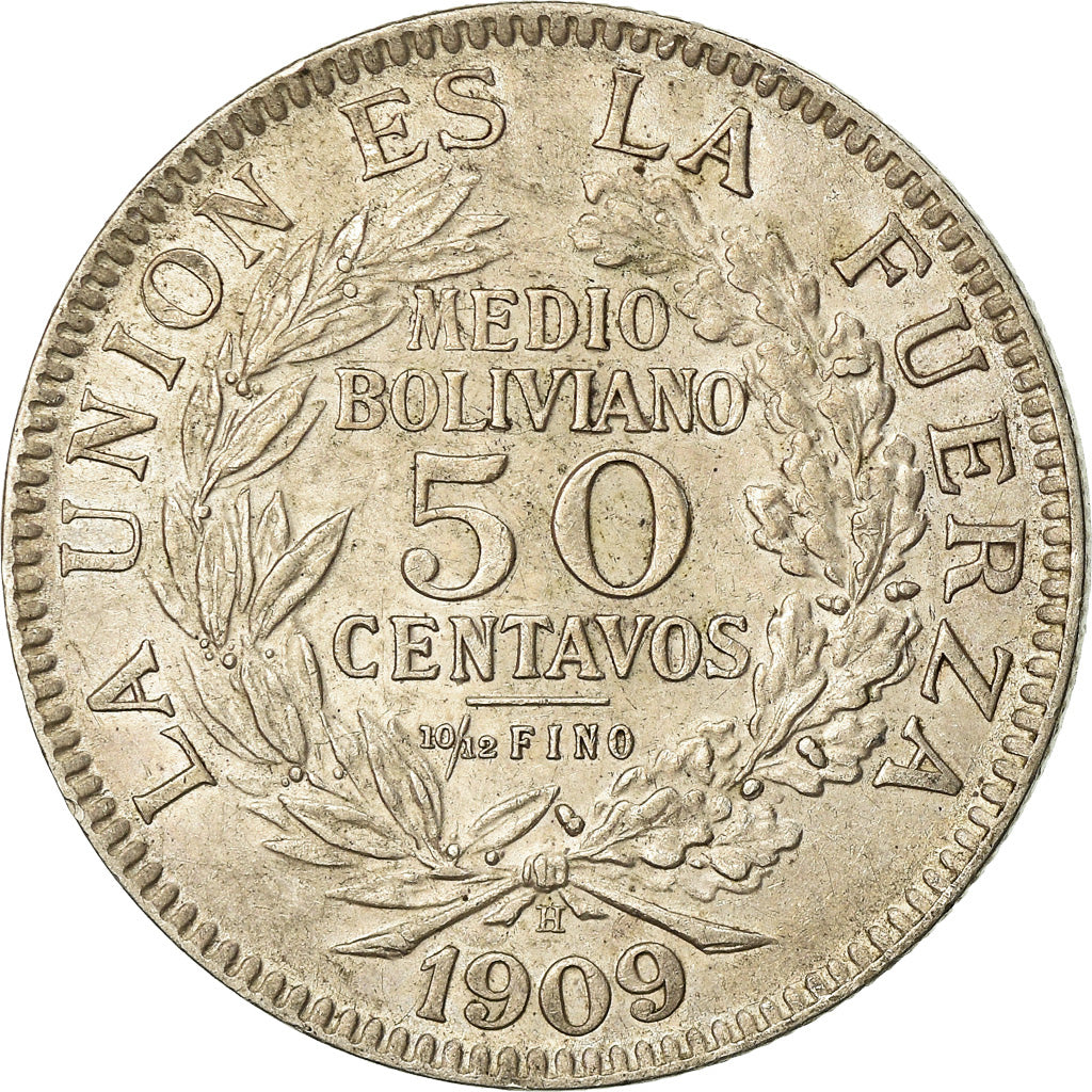 Coin, Bolivia, 50 Centavos, 1/2 Boliviano, 1909, Heaton, AU(50-53), Silver