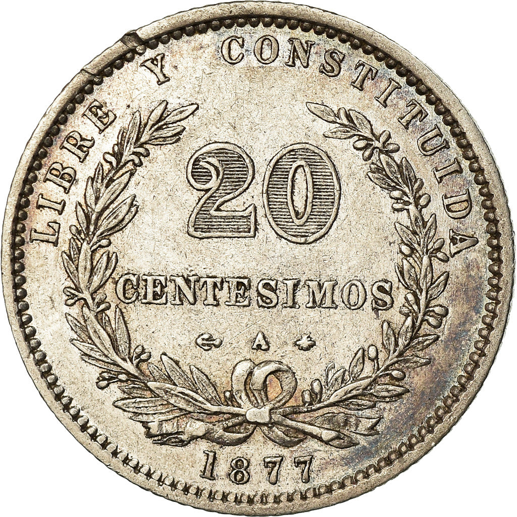 Coin, Uruguay, 20 Centesimos, 1877, Paris, Berlin, Vienna, EF(40-45),KM 15