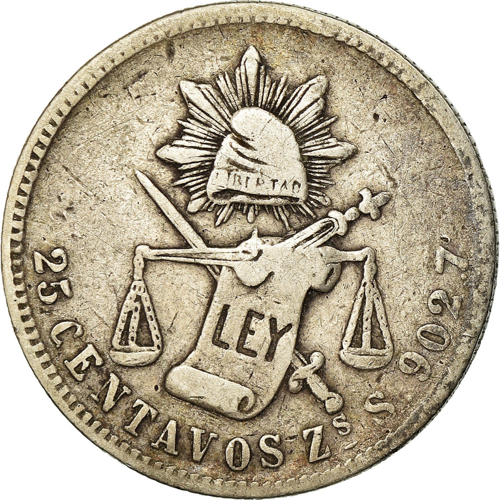 Moneda, México, 25 Centavos, 1885, Alamos, BC+, Plata, KM:406