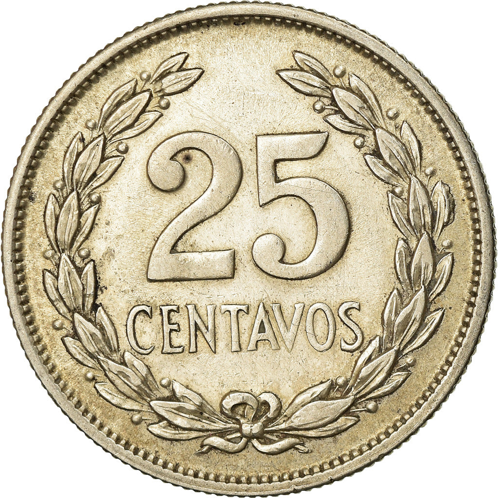 Moeda, El Salvador, 25 Centavos, 1944, AU(50-53), Prata, KM:136