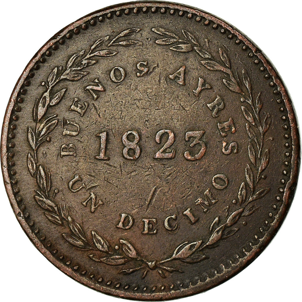 Moneda, Argentina, BUENOS AIRES, Decimo, 1823, MBC, Cobre, KM:1